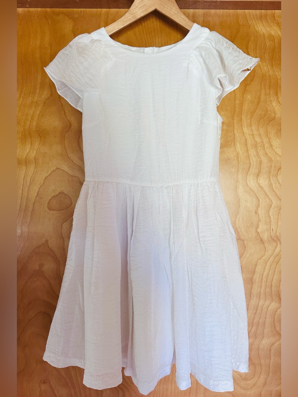 Girls' White Cotton Blend Dress with Flutter Sleeves